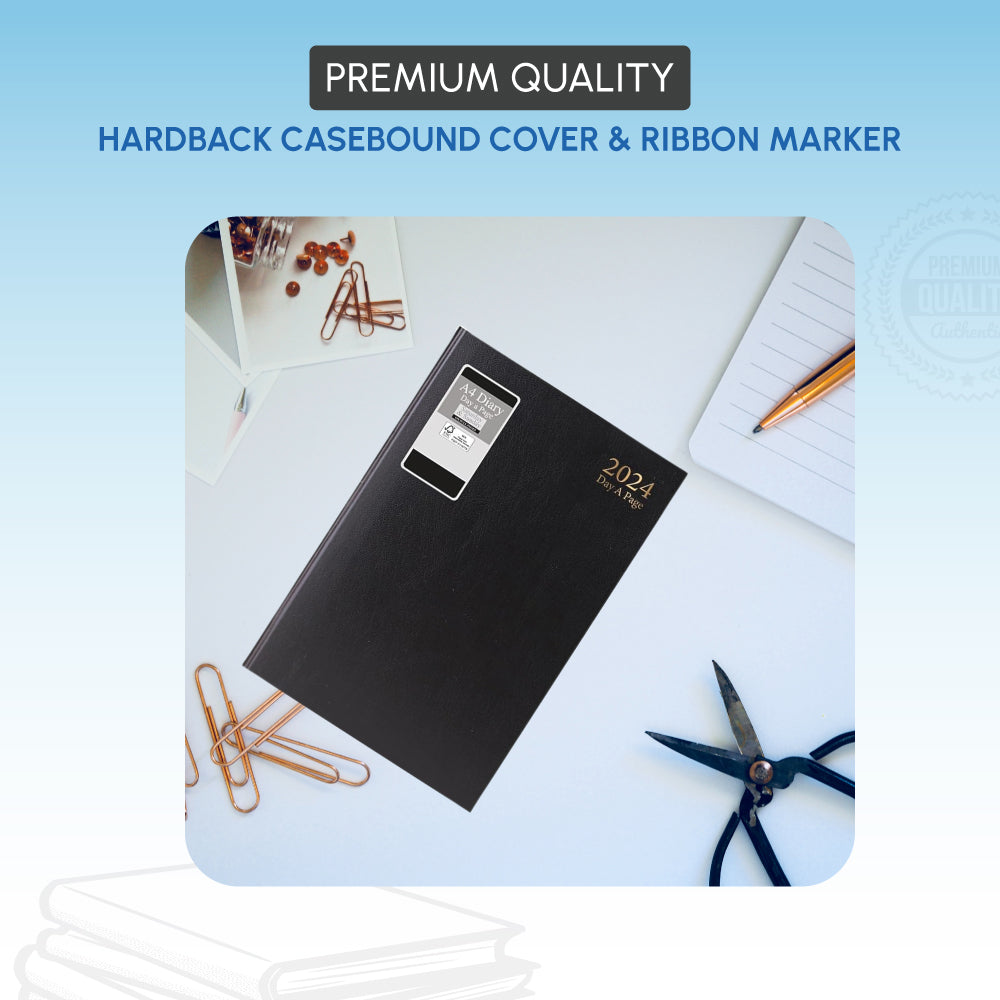 A4 Day to Page Diary, Hardback Casebound Cover & Ribbon Marker, 2024