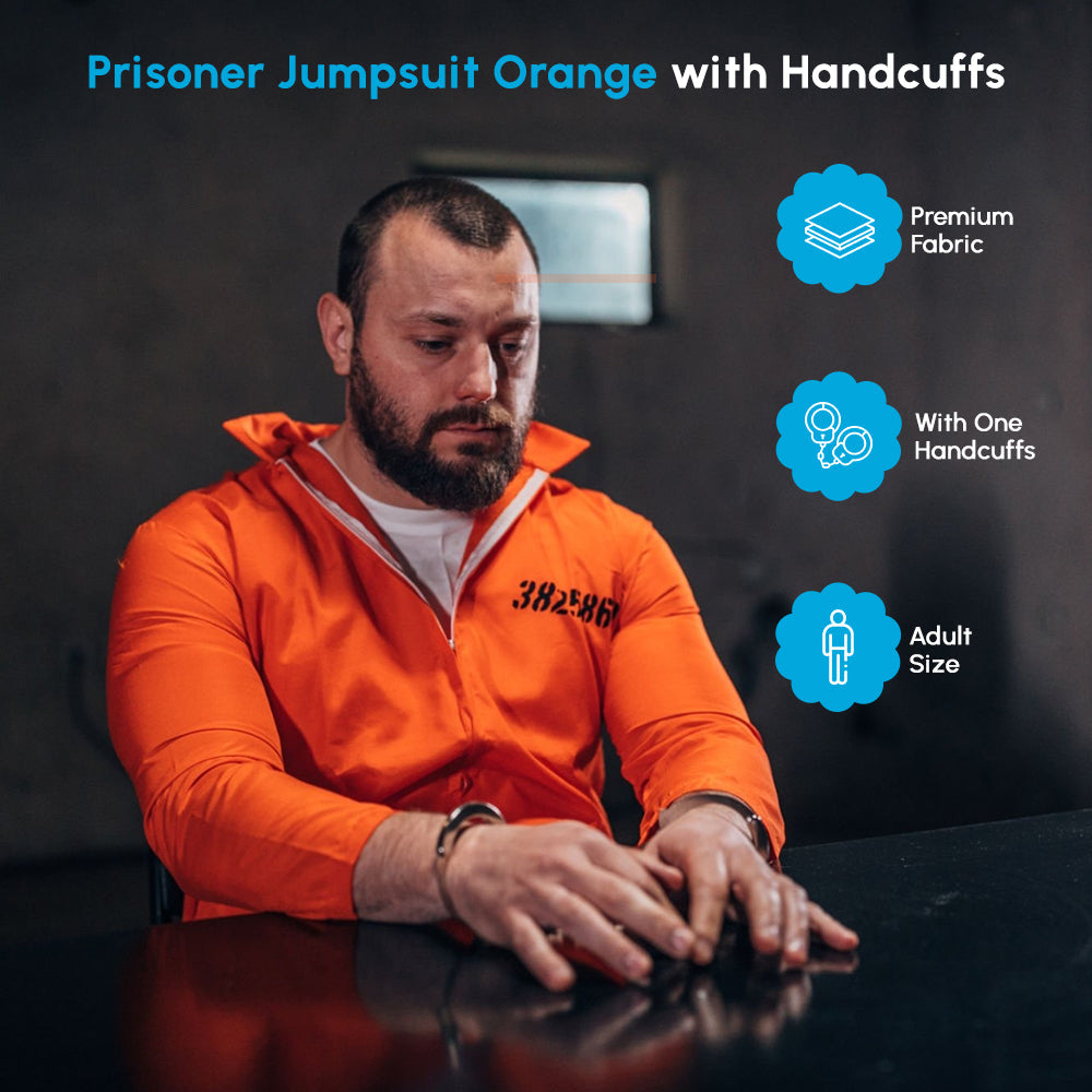 Gevangenenkostuum voor heren, oranje, prisoner-overall met naamplaatje, handboeien, gevangenisoverall voor volwassenen, carnaval, cosplay, Halloween