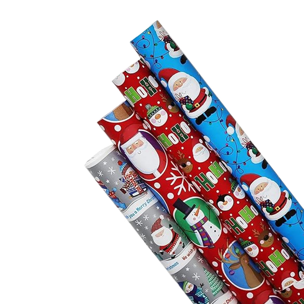 4 Rolls of Christmas Wrapping Paper Santa and Friends 4m Rolls 