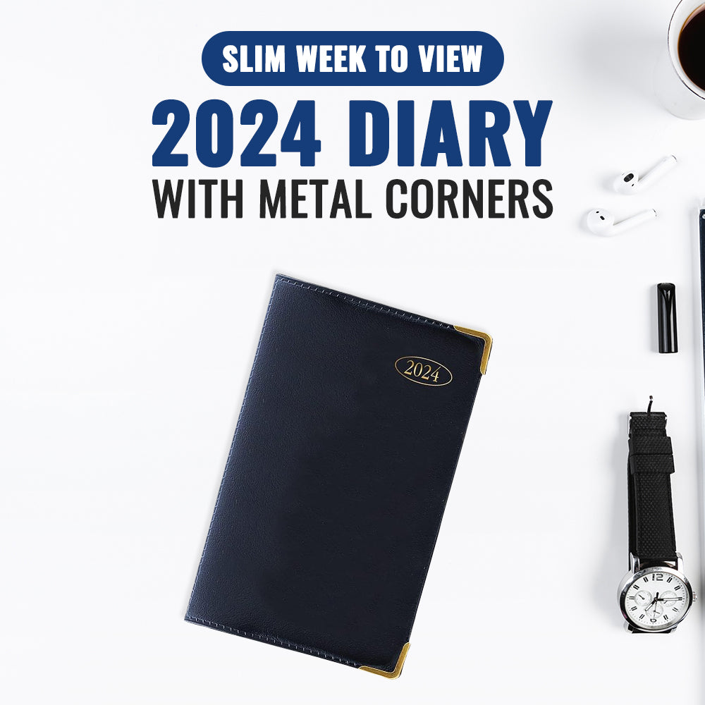 Slim Week to View, PVC Leather Effect Diary with Metal Corners
