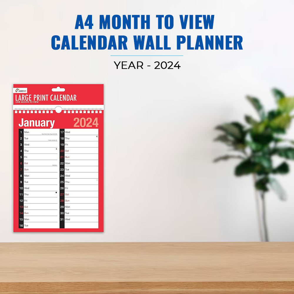 A4 Month to View Calendar