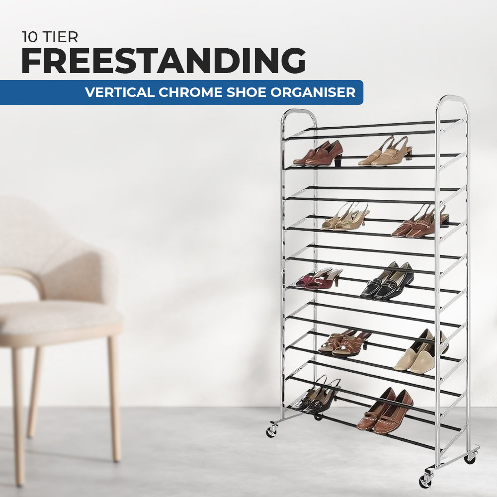 10-Tier Freestanding Vertical Chrome Shoe Organizer