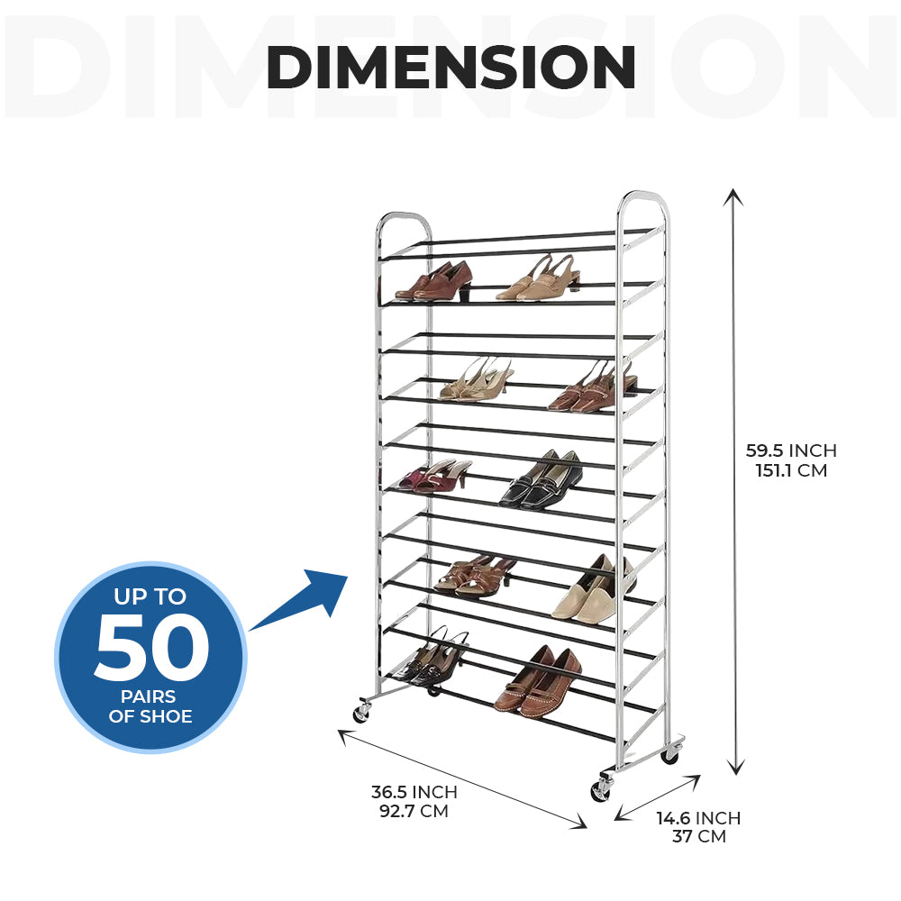 Dimension Of 10-Tier Freestanding Vertical Chrome Shoe Organizer