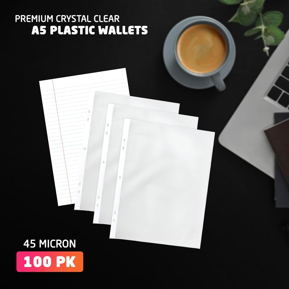 A5 Plastic Wallets Strong Glass Clear Punched Ring Binder Poly Pockets