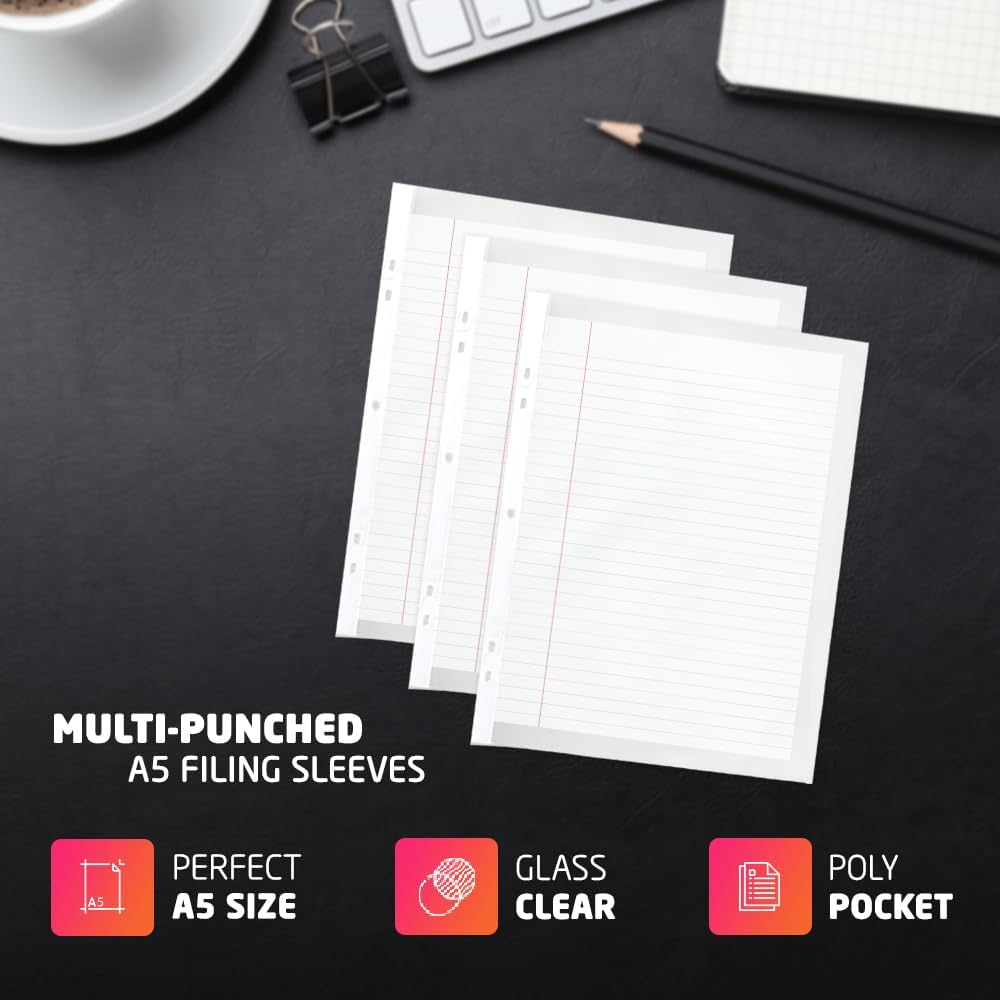 A5 Plastic Wallets Strong Glass Clear Punched Ring Binder Poly Pockets