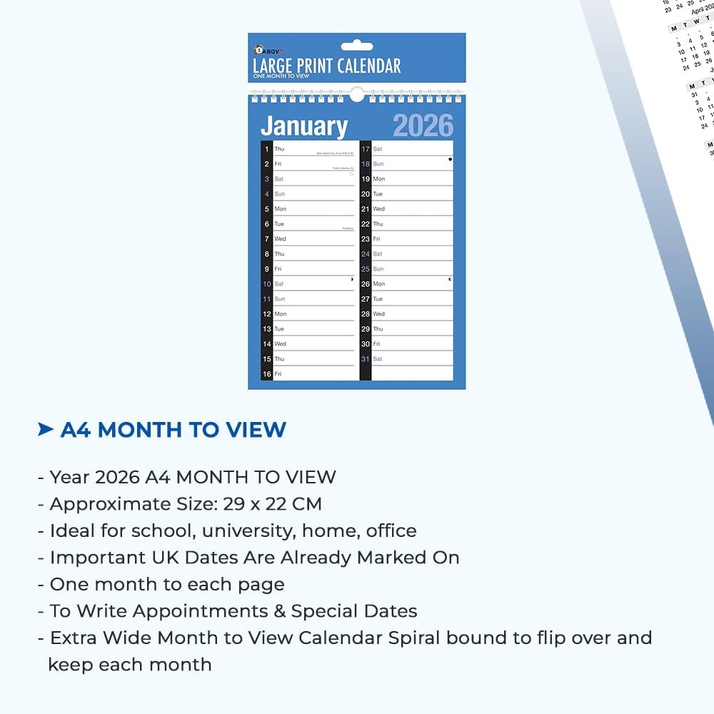 2026 A4 Month to View Calendar