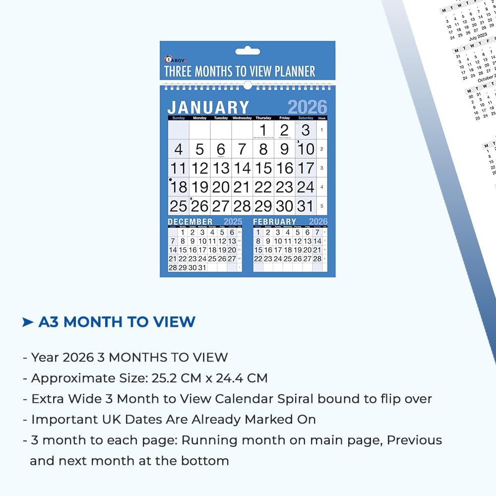 Year 2026 - 3 Month to View Calendar