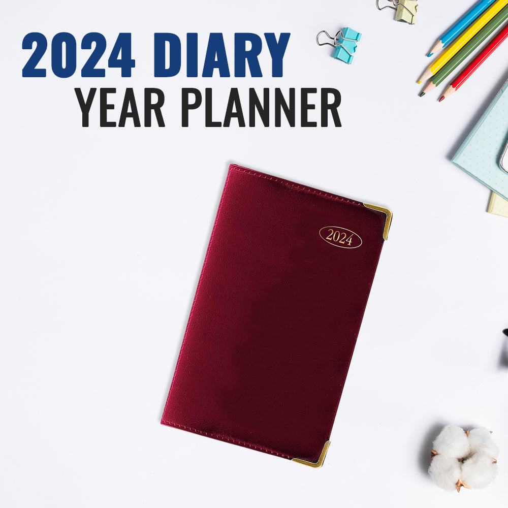 Red Slim Week to View, PVC Leather Effect Diary with Metal Corners