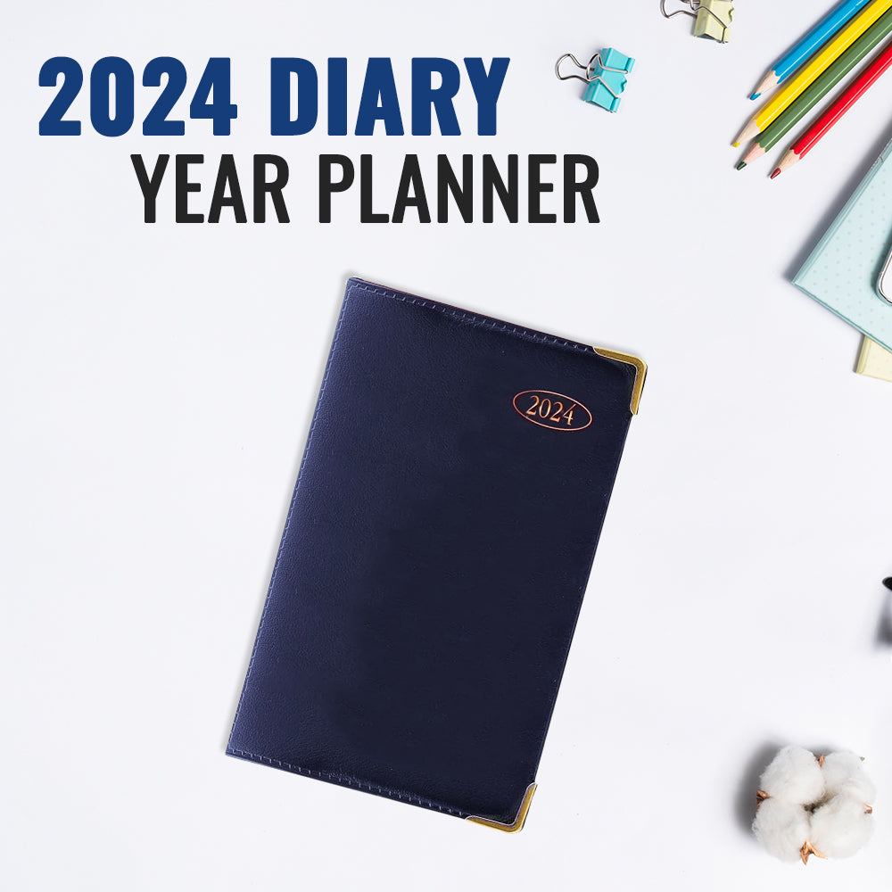 Blue Slim Week to View, PVC Leather Effect Diary with Metal Corners
