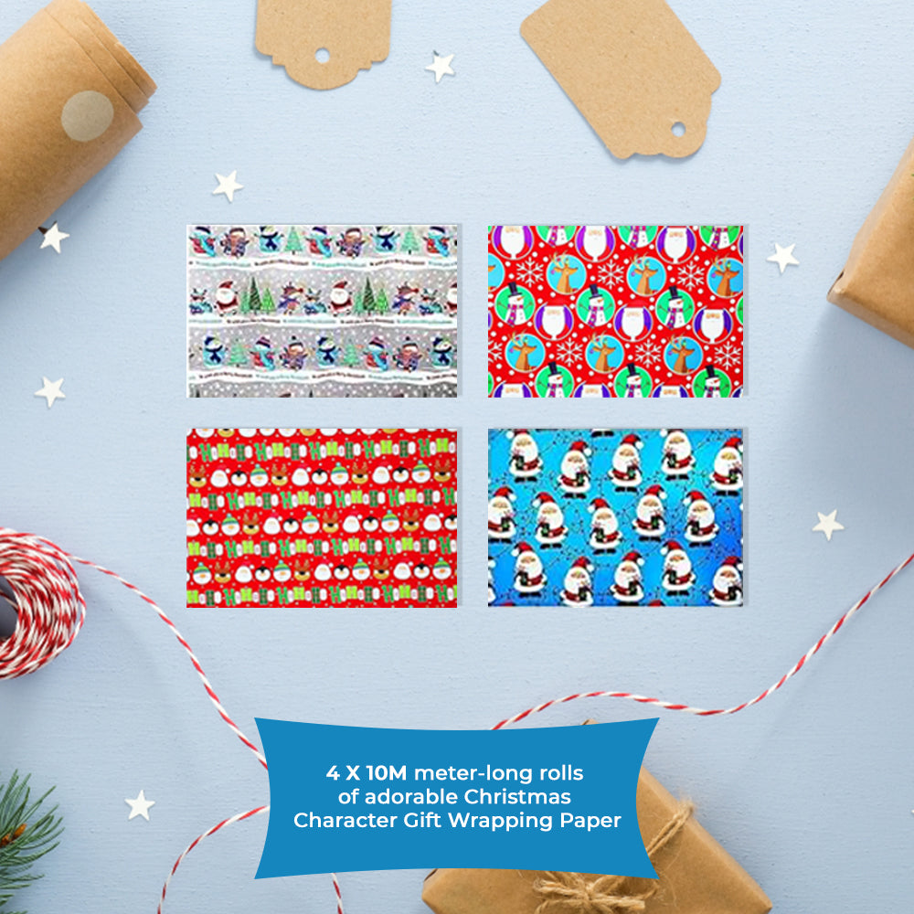 Pack of 4 Christmas Character Gift Wrapping Paper Rolls