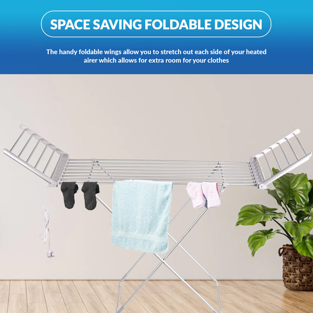 Electric Heated Clothes Airer, 230W Foldable Heated Drying Rack with 20  Heated Tubes, Energy-Efficient Standing Wet Laundry Drying Rack with  Winged